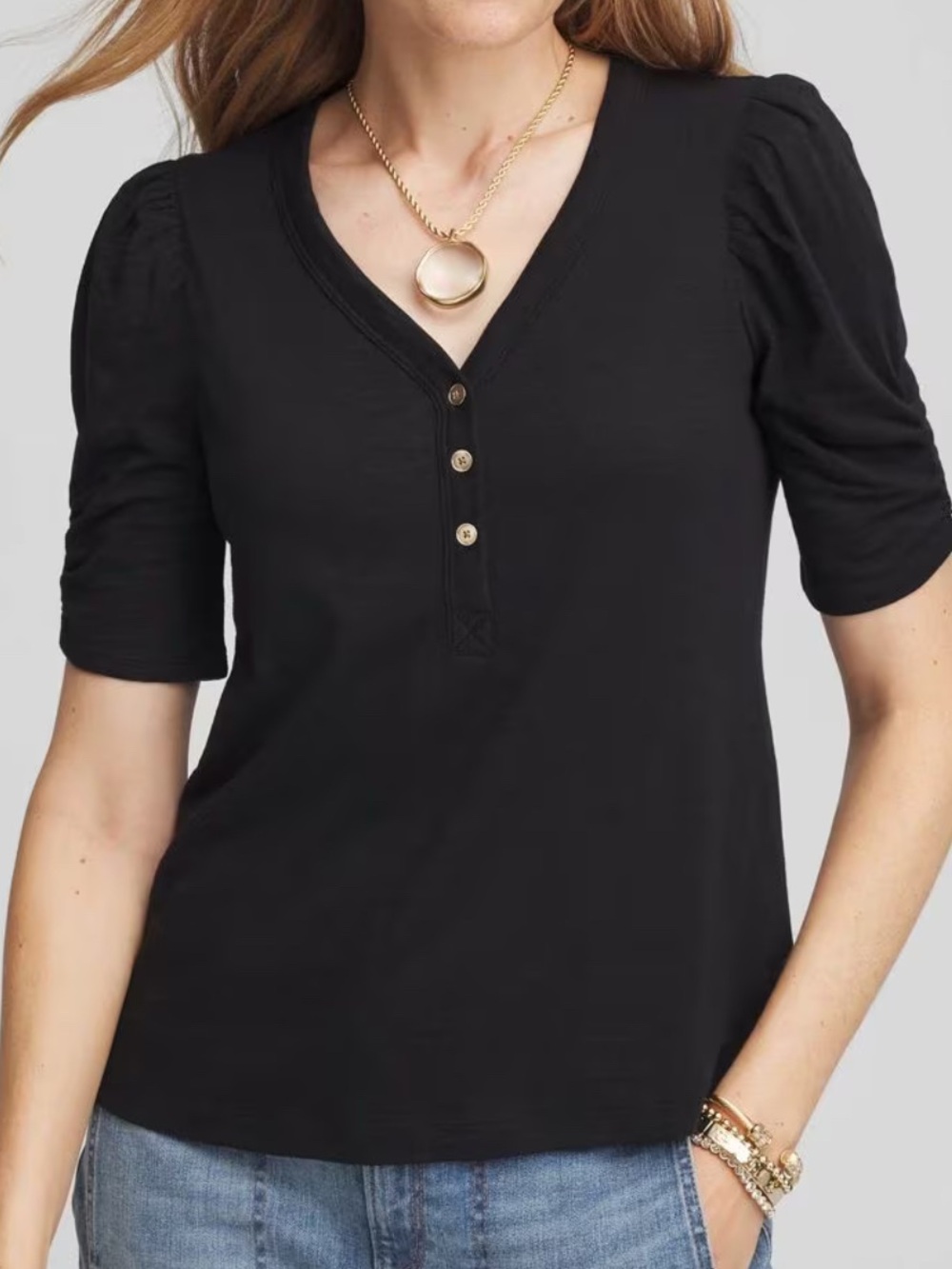 Women’s Chicos Black Puff-Sleeve Henley Top